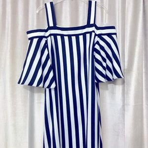White and navy striped midi dress